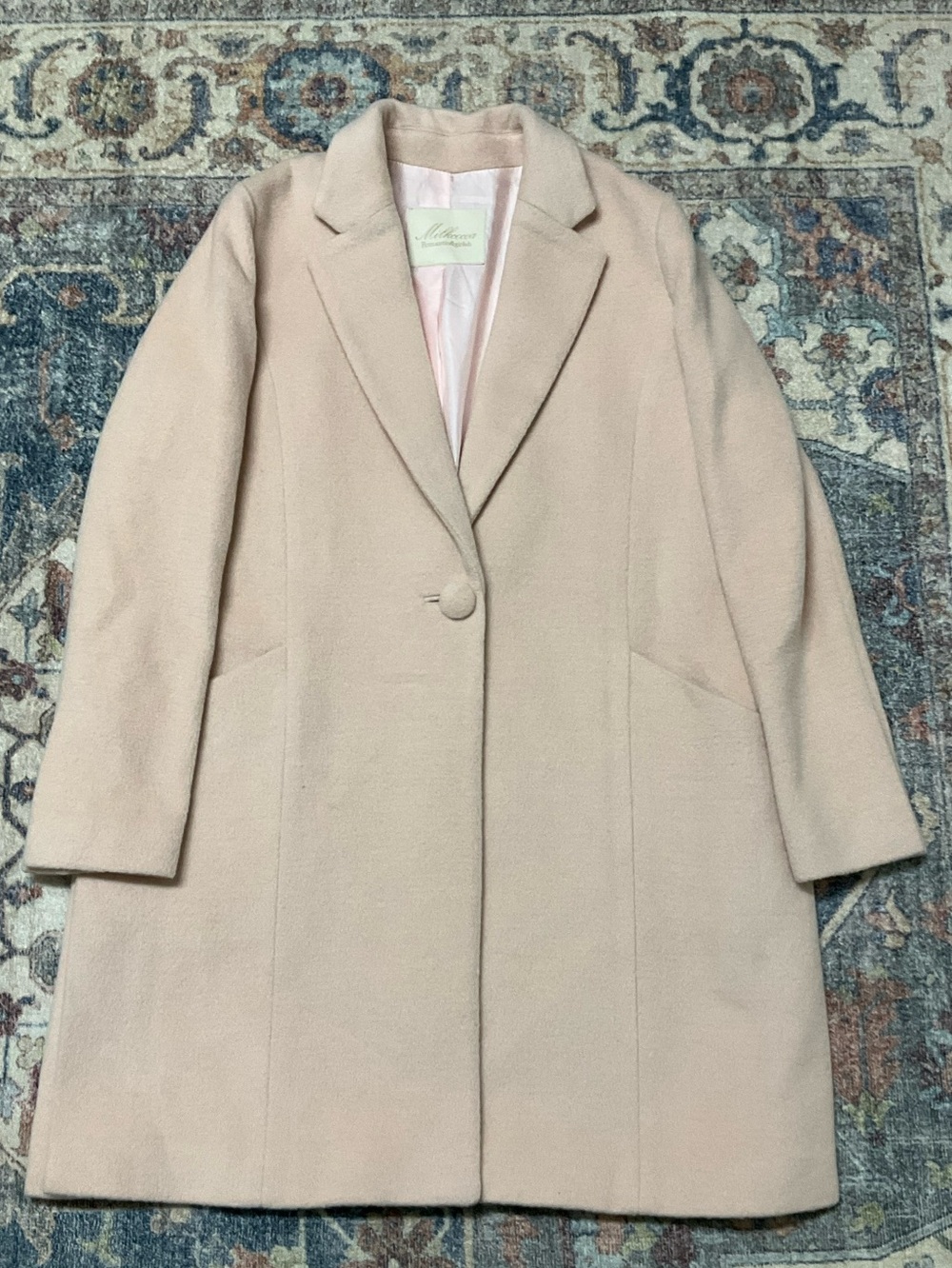 Women's Single-Button Pea Coat in soft pink color. M Petite